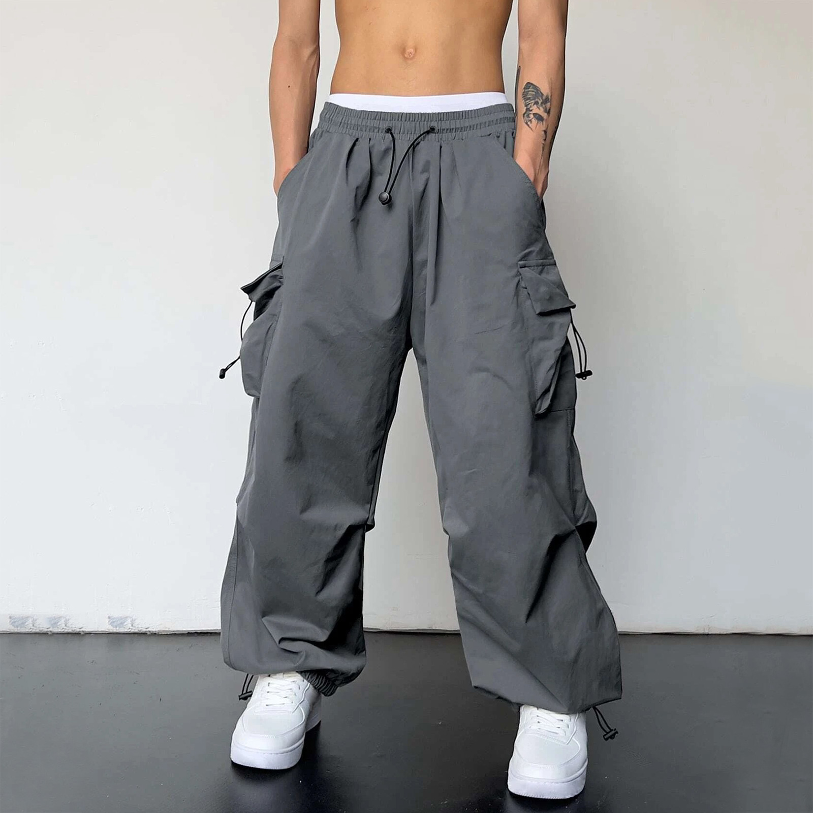 thumbnail image 3 of Pantalones cargo deportivos de cintura informal para hombre - Bolsillo tejido con cordón - Ropa urbana para todas las estaciones, 3 of 8